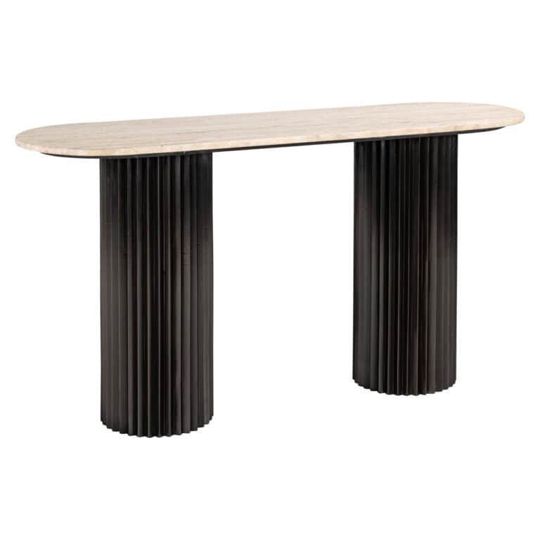 Elegante console met donkerbruine, geribbelde poten en lichte houten blad.