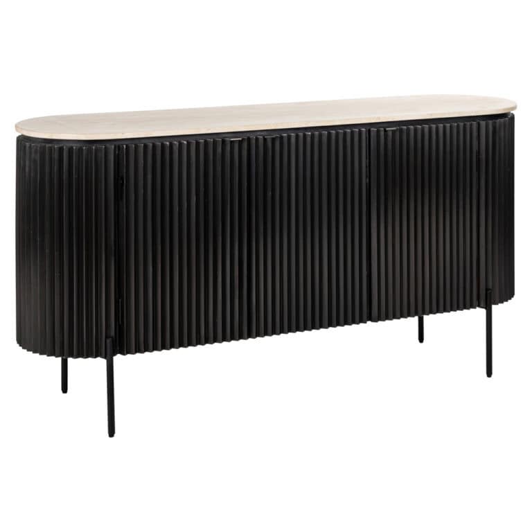 Dressoir Hampton in donkerbruin met verticale lamellen en lichte top.
