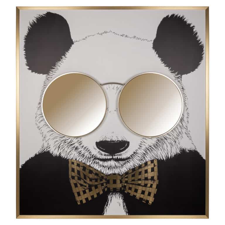 Moderne panda wanddecoratie met spiegel en goudkleurige details.