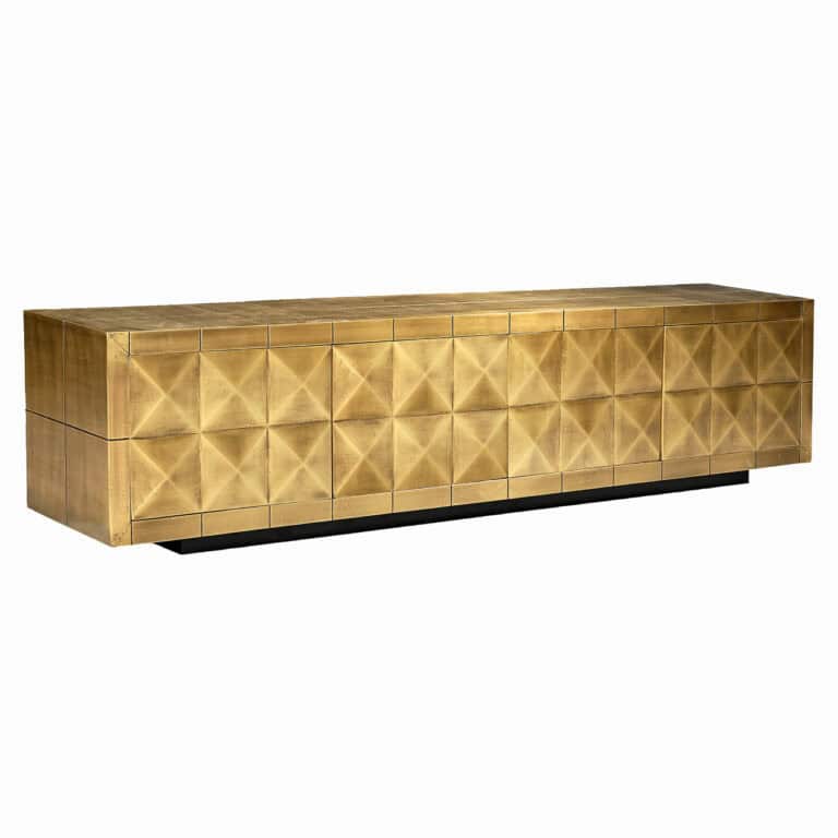Luxuriöser, goldfarbener TV-Schrank mit geometrischem Muster.
