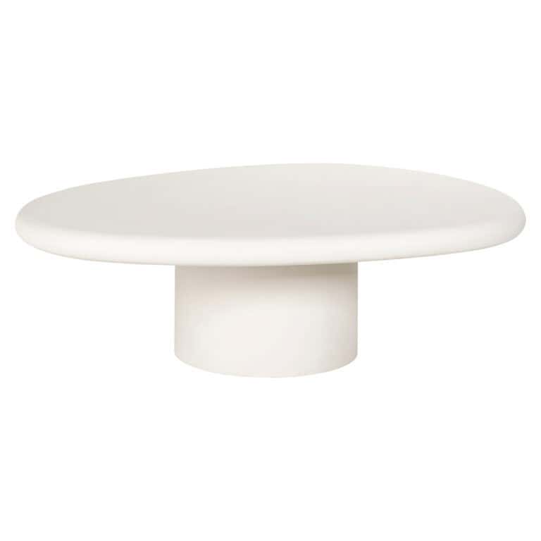 Witte salontafel Bloomstone met ronde vorm en cilindrische basis.