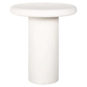 White side table with a round top and a cylindrical base.