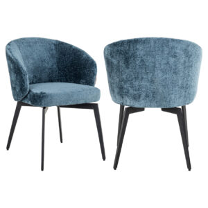 Chaise de salle à manger moderne bleue, avec des pieds noirs et un revêtement moelleux.