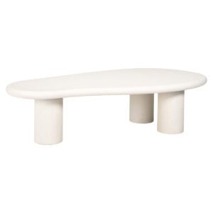 White " Bloomstone " coffee table with an oval shape and three legs.