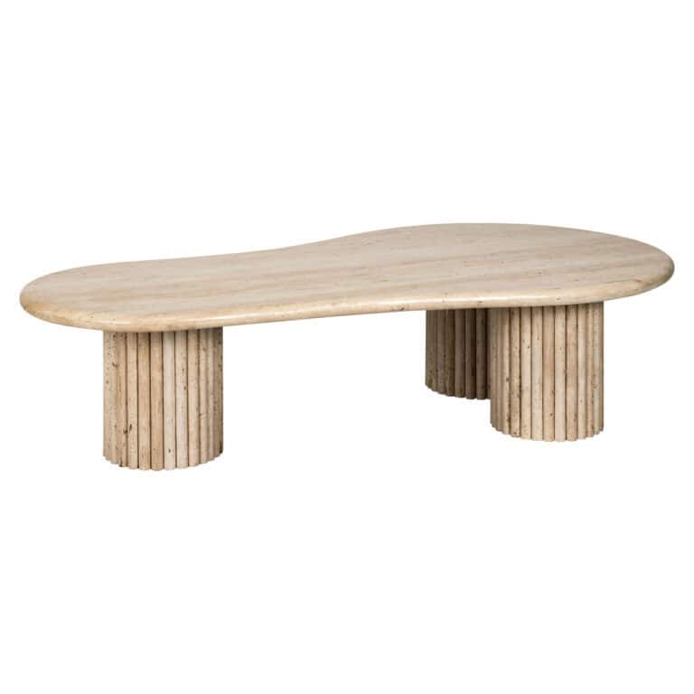 Moderne beige salontafel La Cantera met ronde vorm en cilindrische poten.