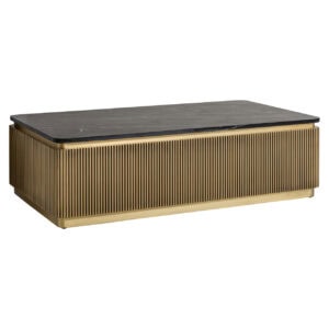Table de salon e moderne avec un piètement doré et un plateau en marbre noir.