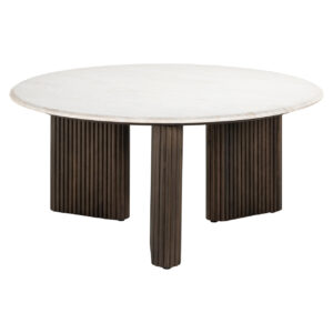 Moderne ronde salontafel met witte marmeren top en donkere houten poten.