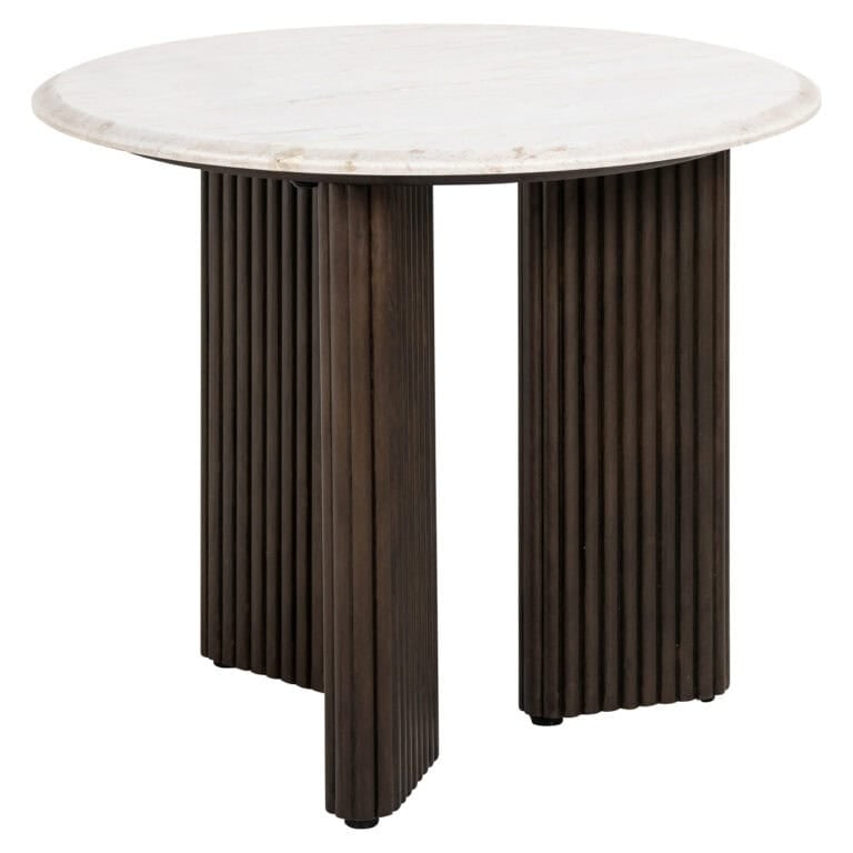 Mayfield side table Mayfield a round white top and dark wooden legs.
