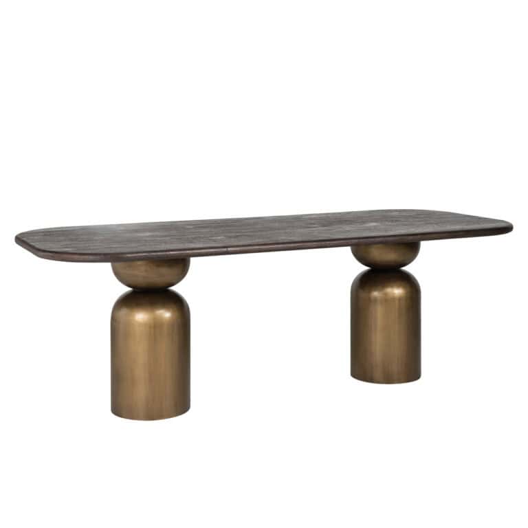 Eettafel Cavo met houten blad en gouden pootjes.