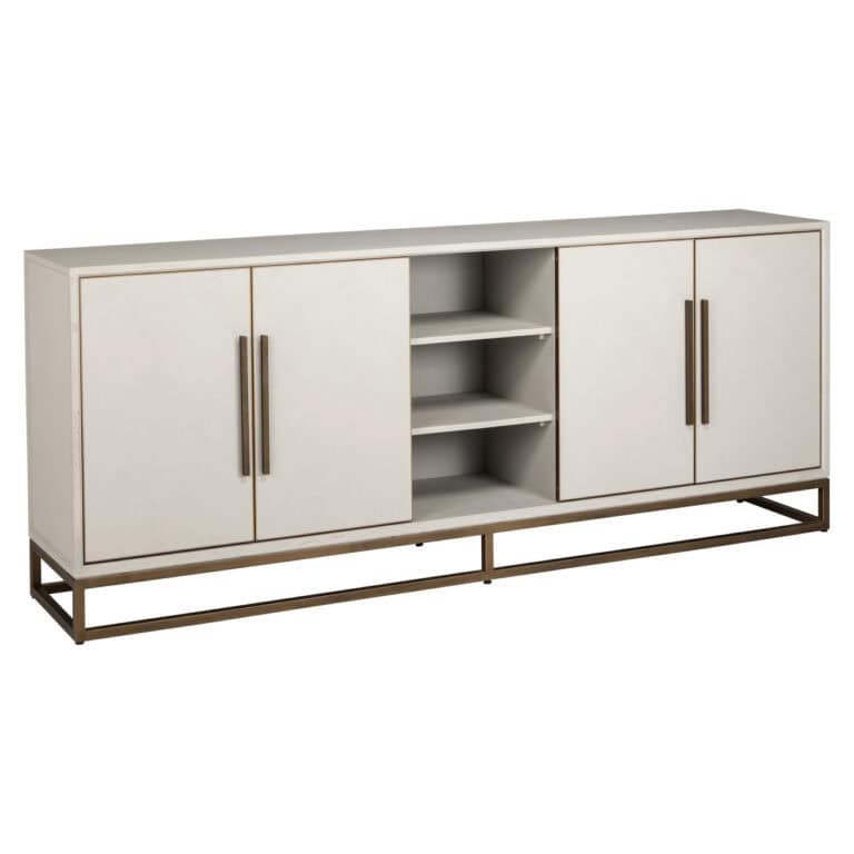 Modern Whitebone dressoir met open planken en metalen frame.