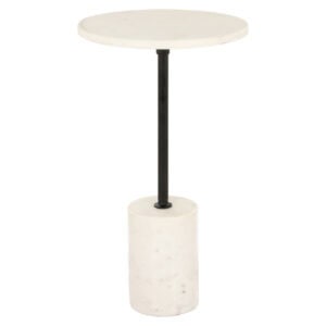 Modern side table with a white marble base and black metal legs.