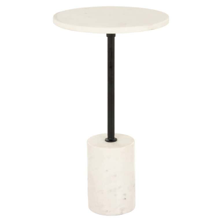 Modern side table with a white marble base and black metal legs.
