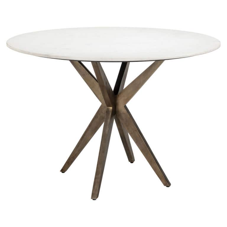 Moderne witte eettafel met houten onderstel, stijlvol en functioneel.