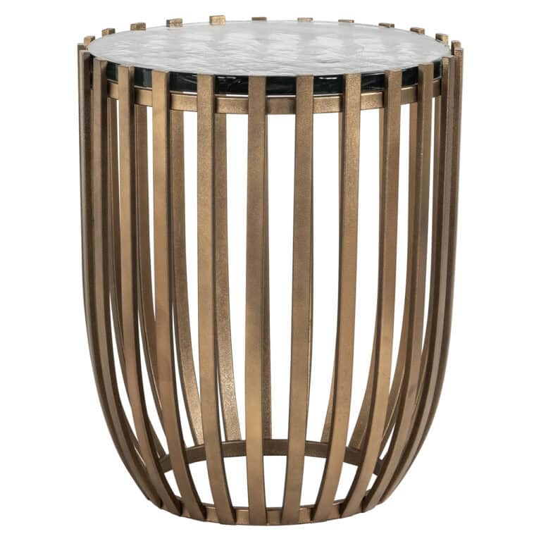 Side table with a gold metal frame and a marble top.