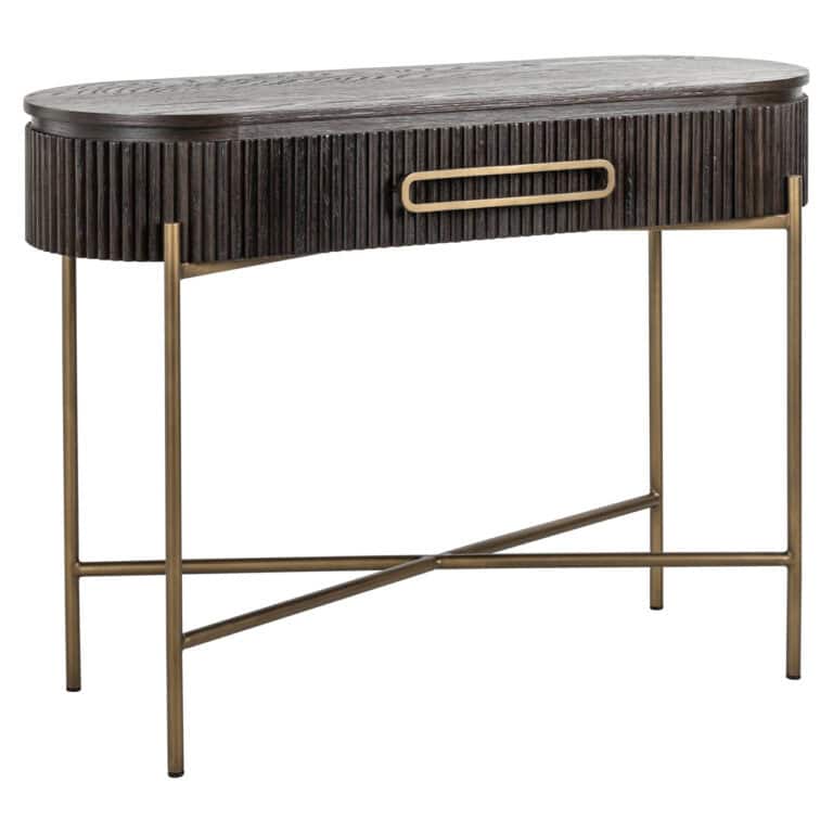 Luxor console in bruin met gouden poten en handvat, modern design.
