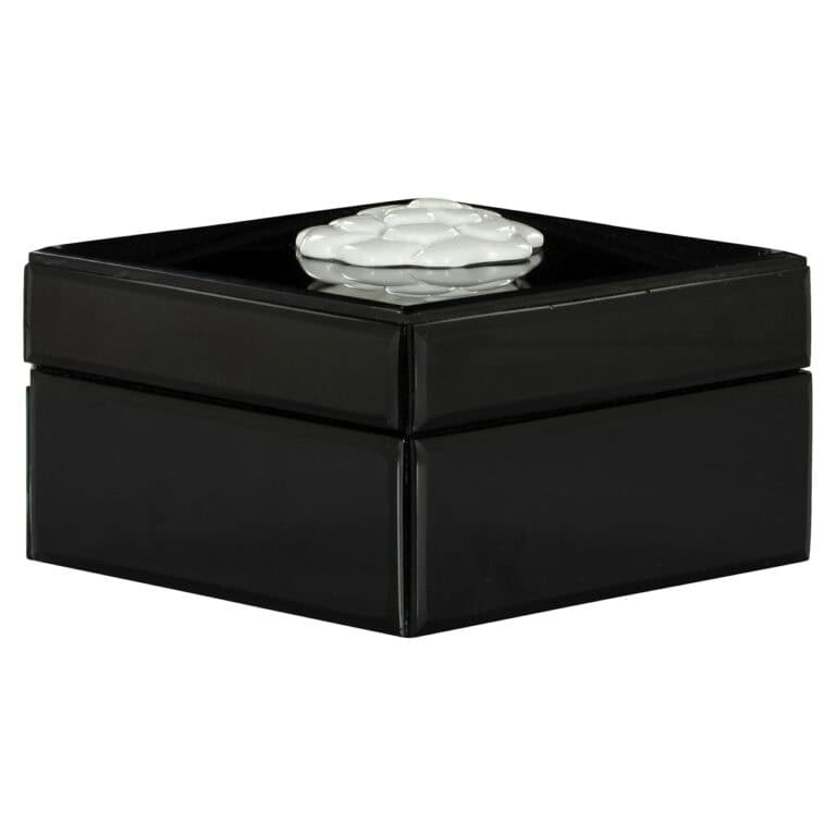 Elegante schwarze Aufbewahrungsbox mit weißem Zierknopf.