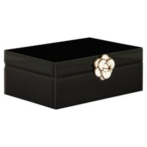 Kleine zwarte opbergdoos met bloemknop voor sieraden of accessoires.