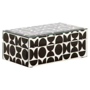 Kleine zwarte opbergdoos met geometrisch patroon voor interieur.
