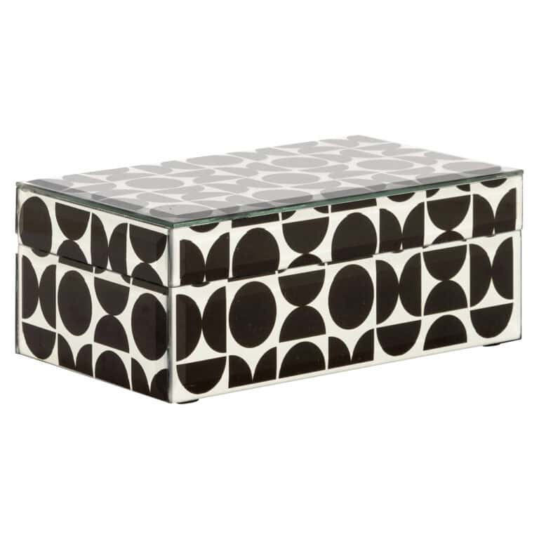 Kleine zwarte opbergdoos met geometrisch patroon voor interieur.