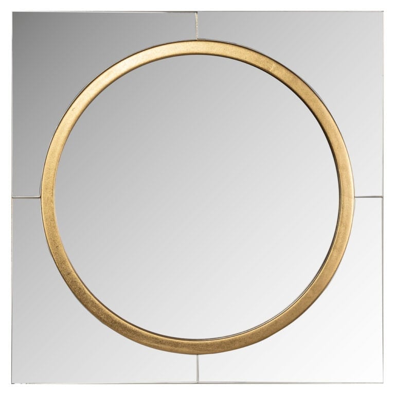 Gouden ronde spiegel op muur in modern interieur.