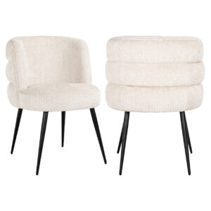 Set of beige dining chairs with black legs, modern design.