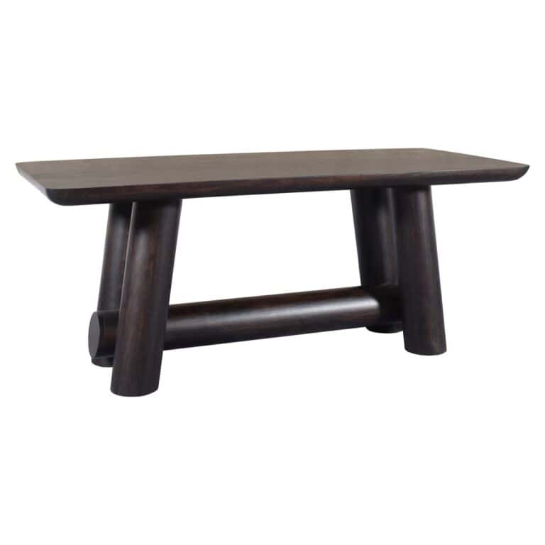 Robuster Theken-Tisch aus Holz in Braun mit dicken Beinen.