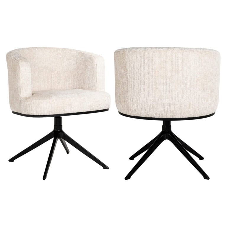 Moderne beige eetkamerstoel met draaibaar zwart onderstel.