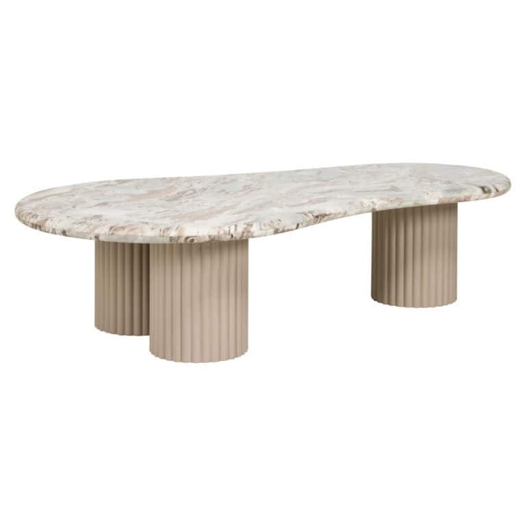 Table de salon e moderne avec un plateau en marbre beige et un socle nervuré.