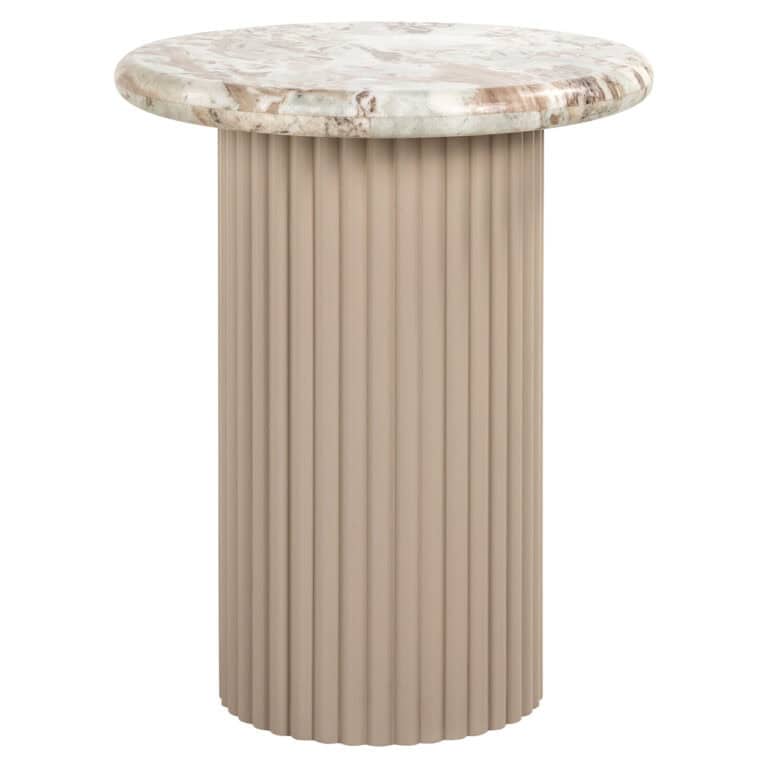 Side table with a marble top and a ribbed base in a beige shade.