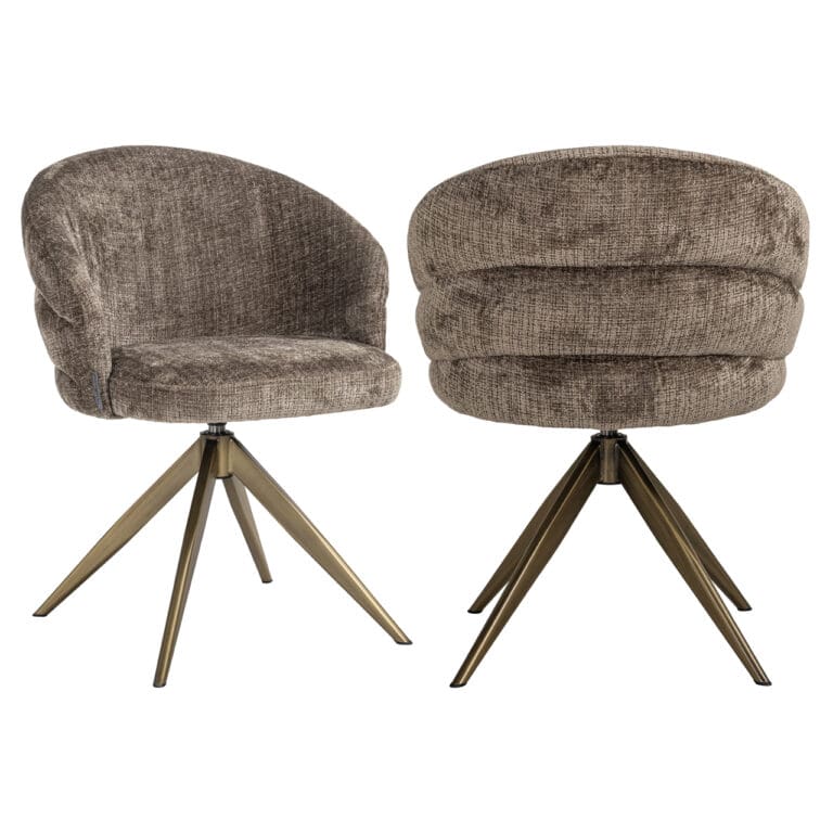 Moderne eetkamerstoel Zendaya in Niagara Stone stof met draaibare basis.