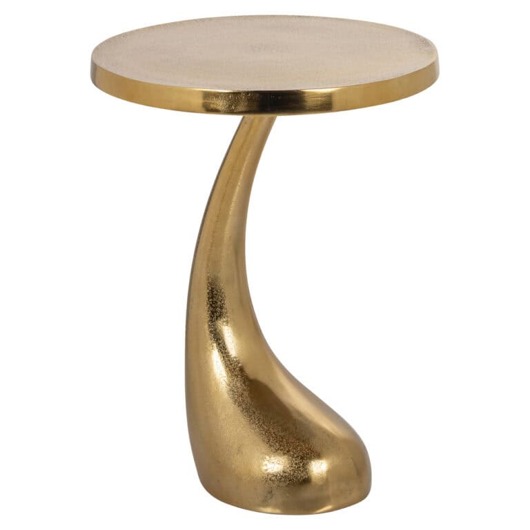 Table d'appoint dorée aux lignes ondulées et au plateau rond.