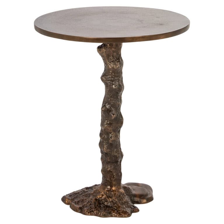 Unieke bijzettafel met natuurlijke houten afwerking en rustieke basis.