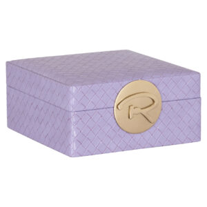 Paars opbergdoos met gouden R-logo voor stijlvolle opbergruimte.