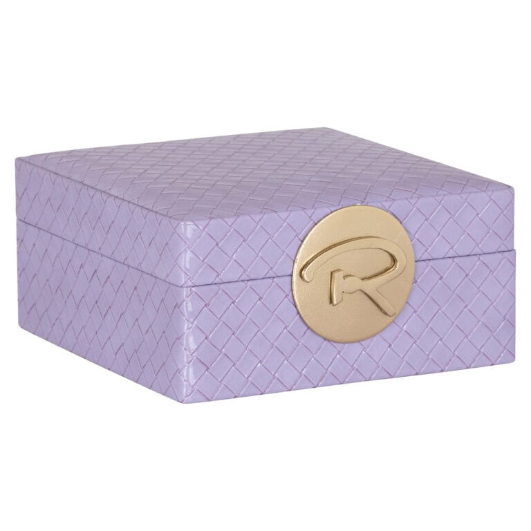 Paars opbergdoos met gouden R-logo voor stijlvolle opbergruimte.