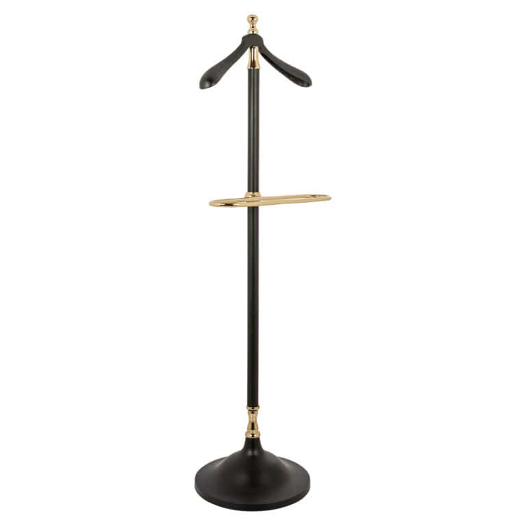 Élégant porte-manteau noir rehaussé de touches dorées et doté d'une étagère pratique.