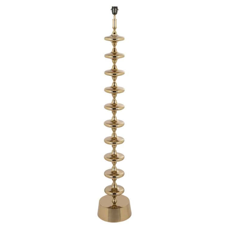 Gold floor lamp with multiple tiers and an elegant look.