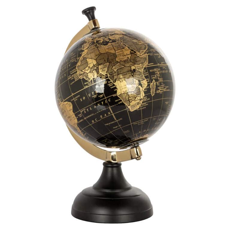 Decorative globe with gold-colored maps and a black ocean.