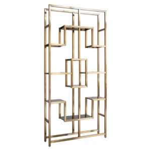 Modern wall cabinet in brushed gold  with a geometric design.