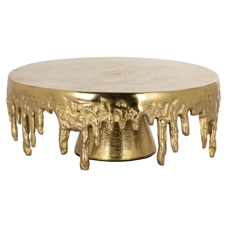 Goldene Tortenplatte mit tropfenförmigen Verzierungen für festliche Anlässe.