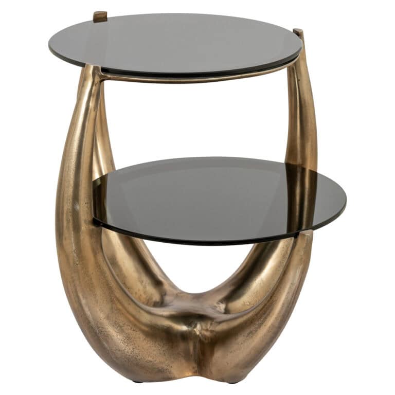 Beistelltisch „Aida“ von gold mit zwei Glasplatten und einem skulpturalen Untergestell.