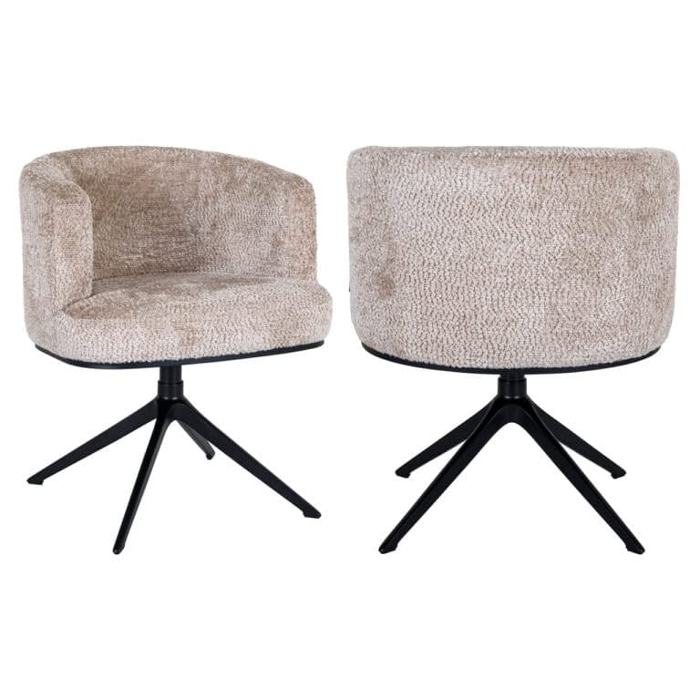 Modern beige swivel dining chair with black legs.