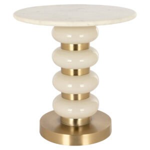 Élégante table d'appoint blanche aux détails dorés et au design unique.