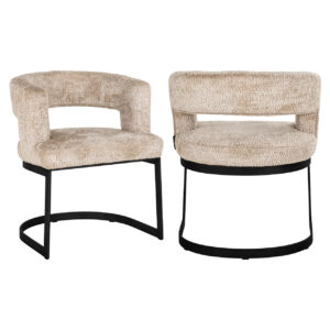Modern beige dining chair with a black metal frame.
