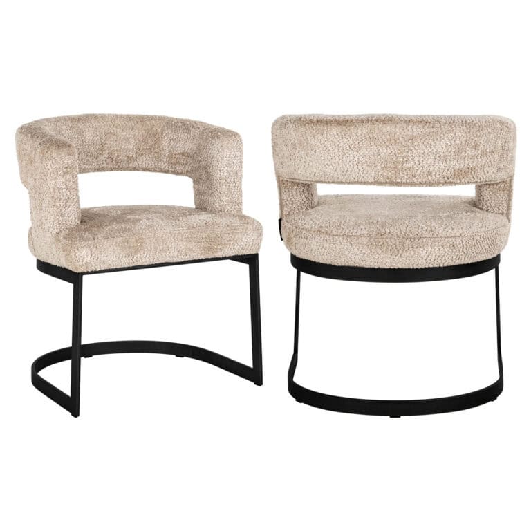 Modern beige dining chair with a black metal frame.