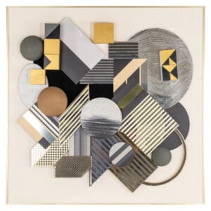 Modern 3D wall decor featuring geometric shapes in black, gold gray.