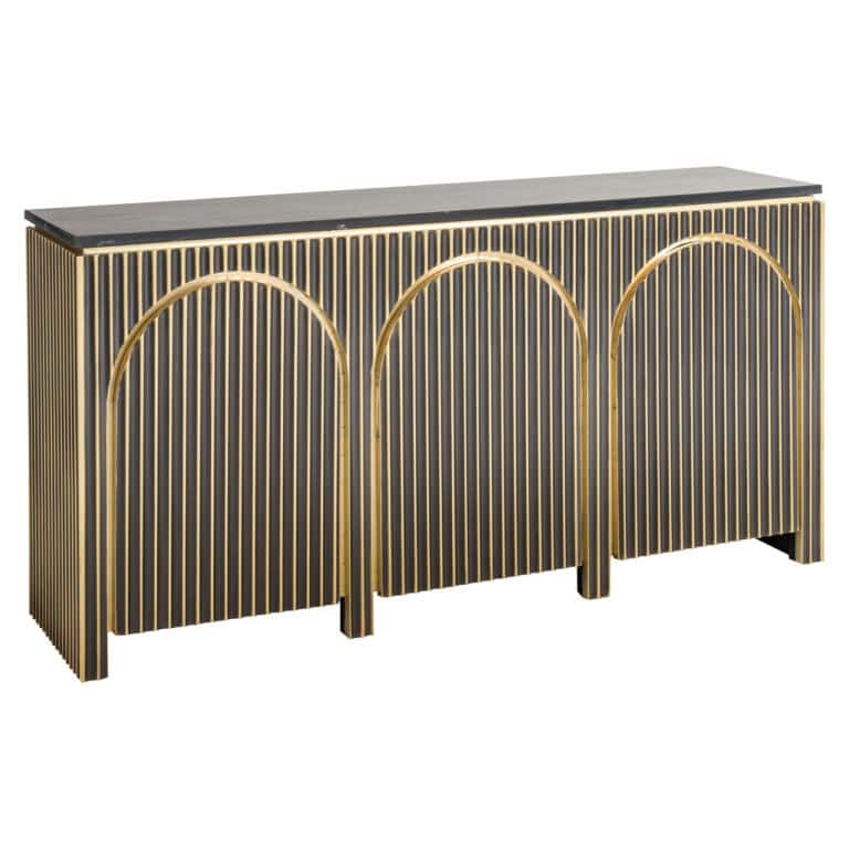 Elegant sideboard with gold accents and vertical lines.