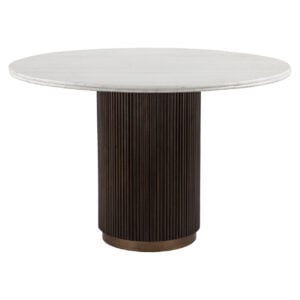 Mayfield -Brown Dining Table, 120Ø, with a white marble top and wooden base.