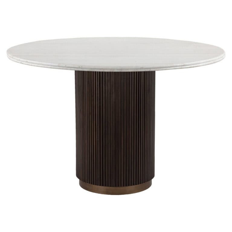 Eettafel Mayfield brown 120Ø met witte marmeren blad en houten voet.