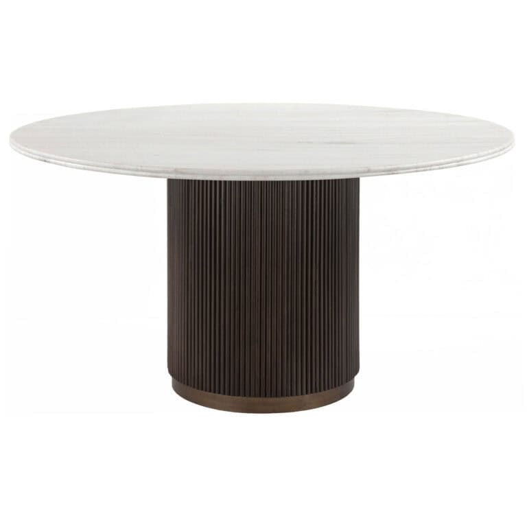 Eettafel Mayfield brown 140Ø met ronde witte top en zwart onderstel.