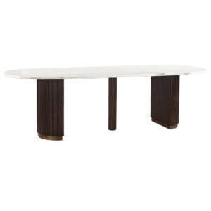 Mayfield dining table Mayfield a white marble top and dark wood legs.